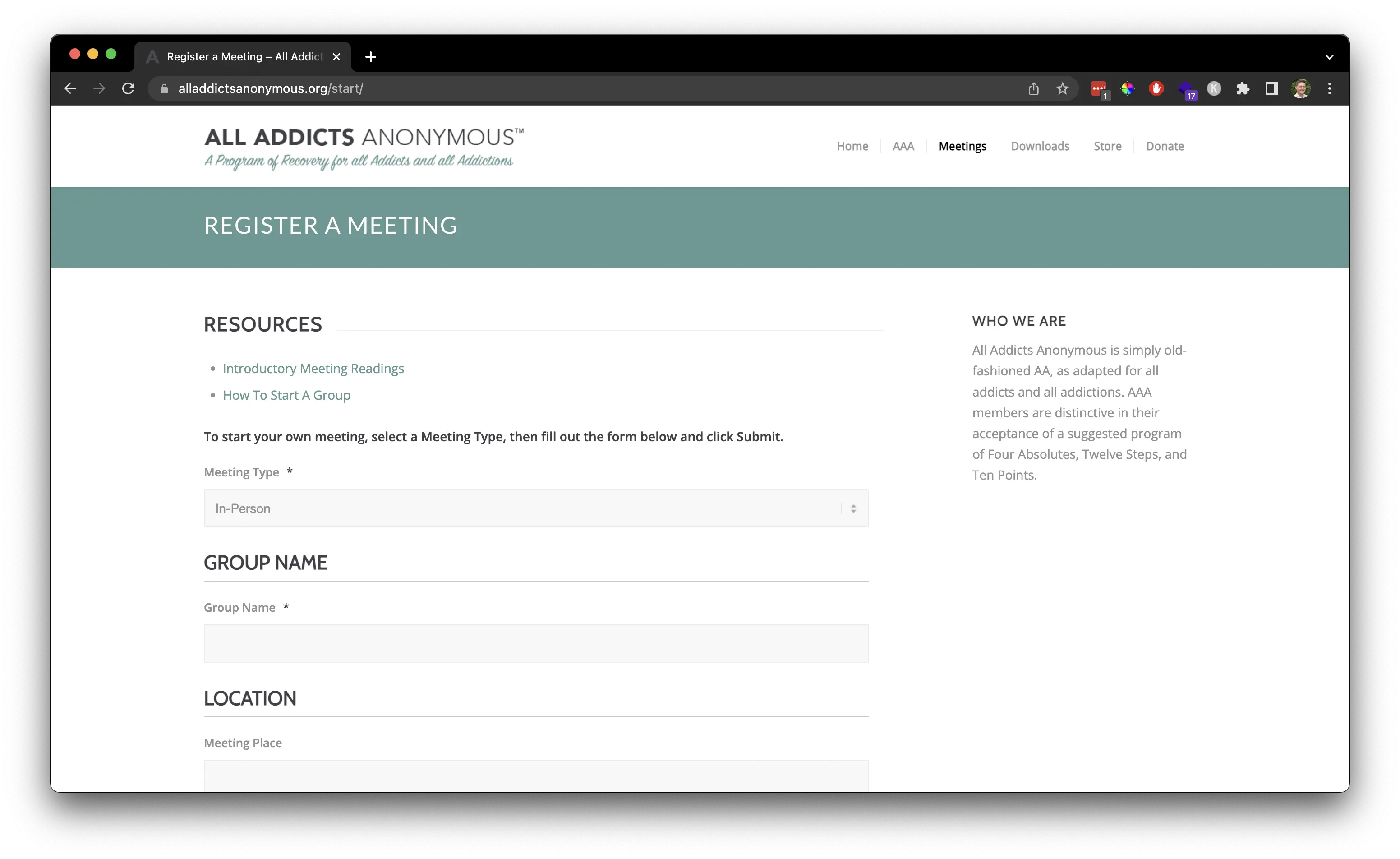 A screenshot of the AAA meeting registration form page that I worked on.