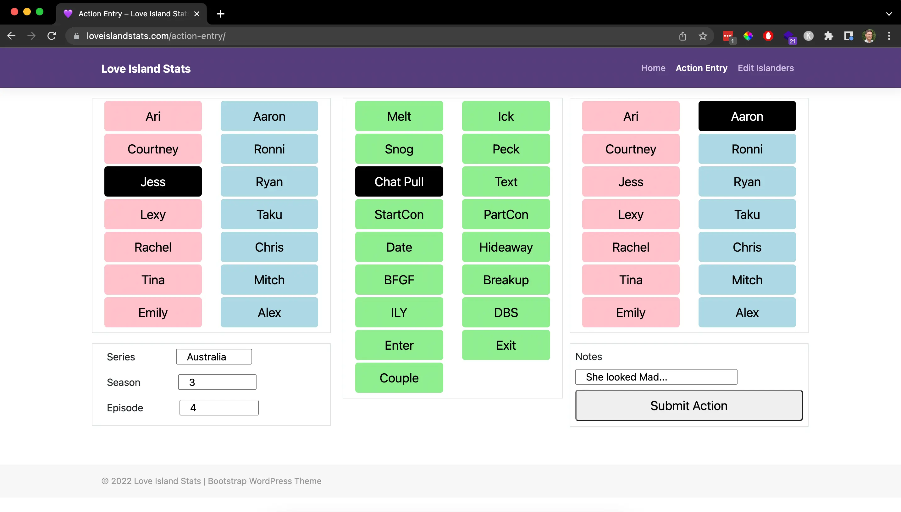 A screenshot of the Love Island Stats data collection app.