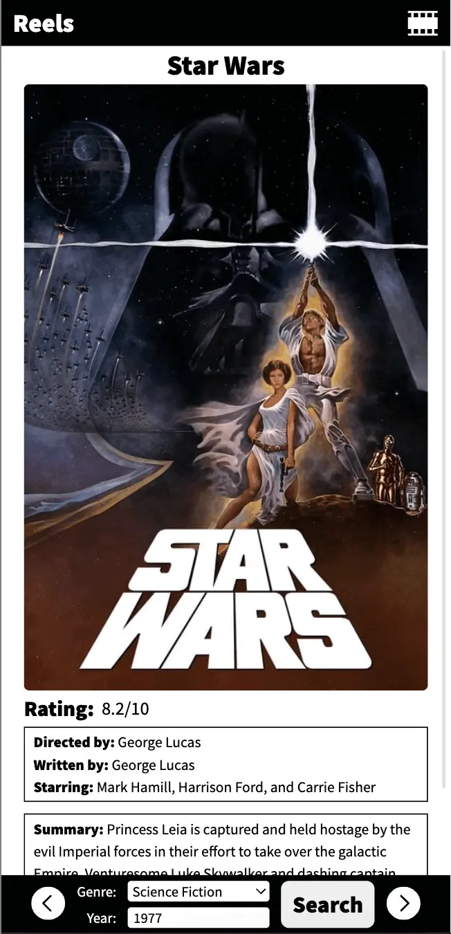 A screenshot of the movie app after searching for Star Wars.