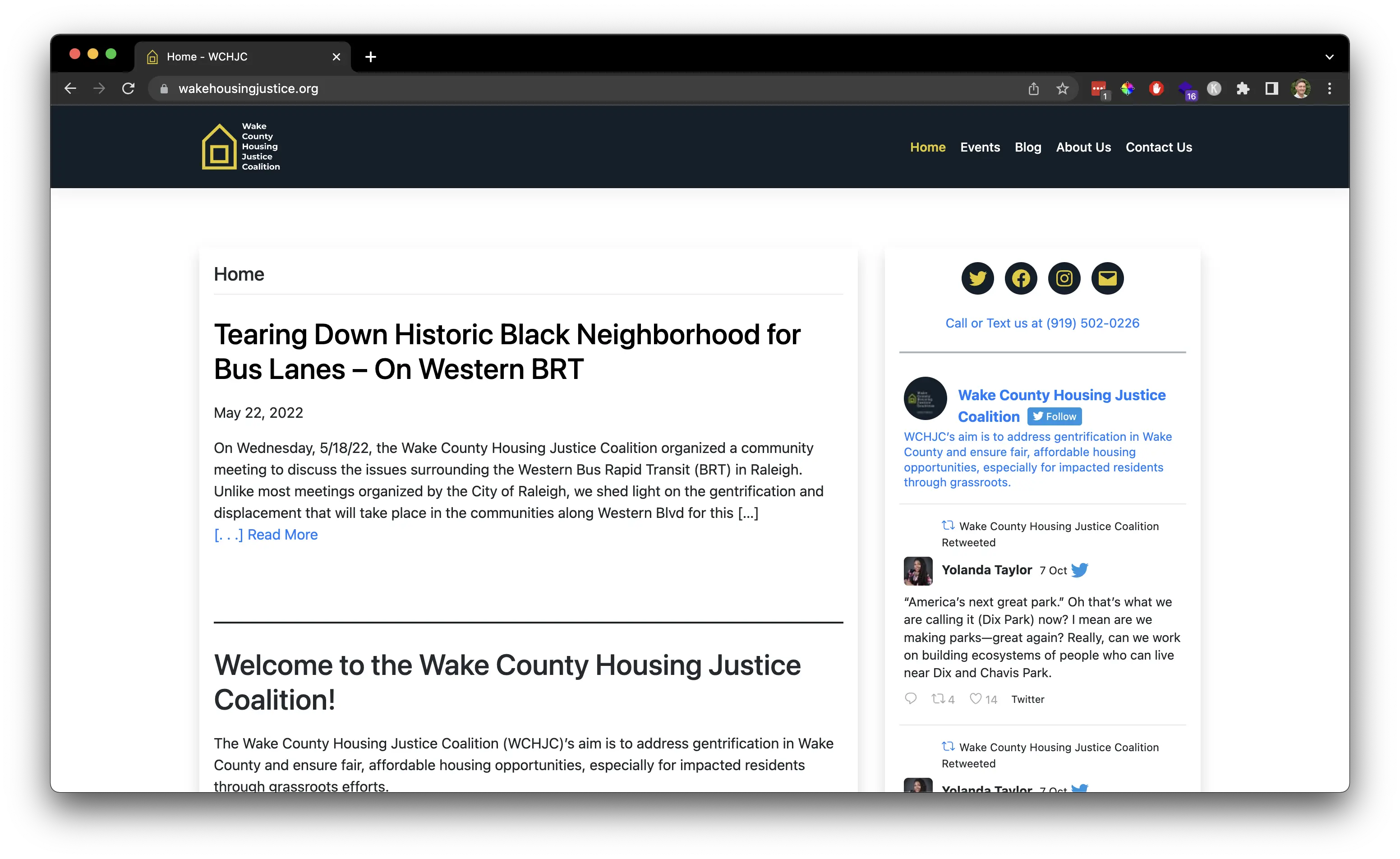 A screenshot of the Wake County Housing Justice Coalition home page.