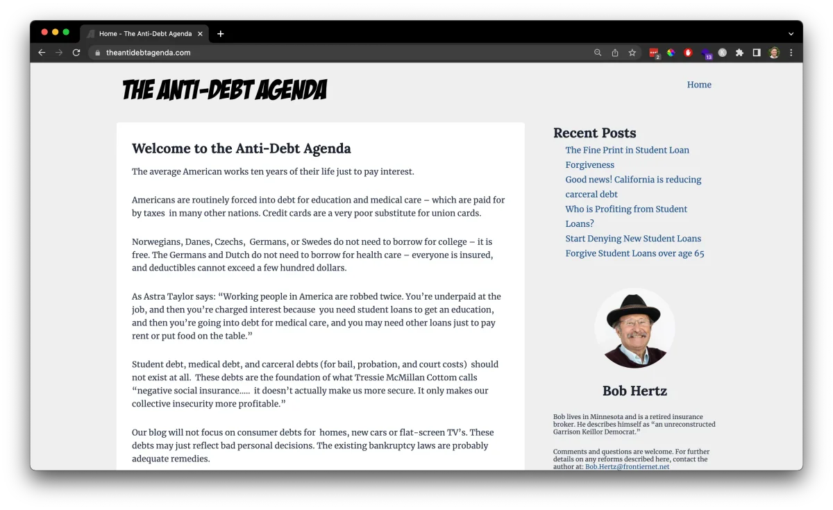 A screenshot of the Anti Debt Agenda home page.